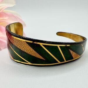 John Crutchfield Metallic Art Graphics 1991 Asymetrical Cuff Bracelet Green Gold